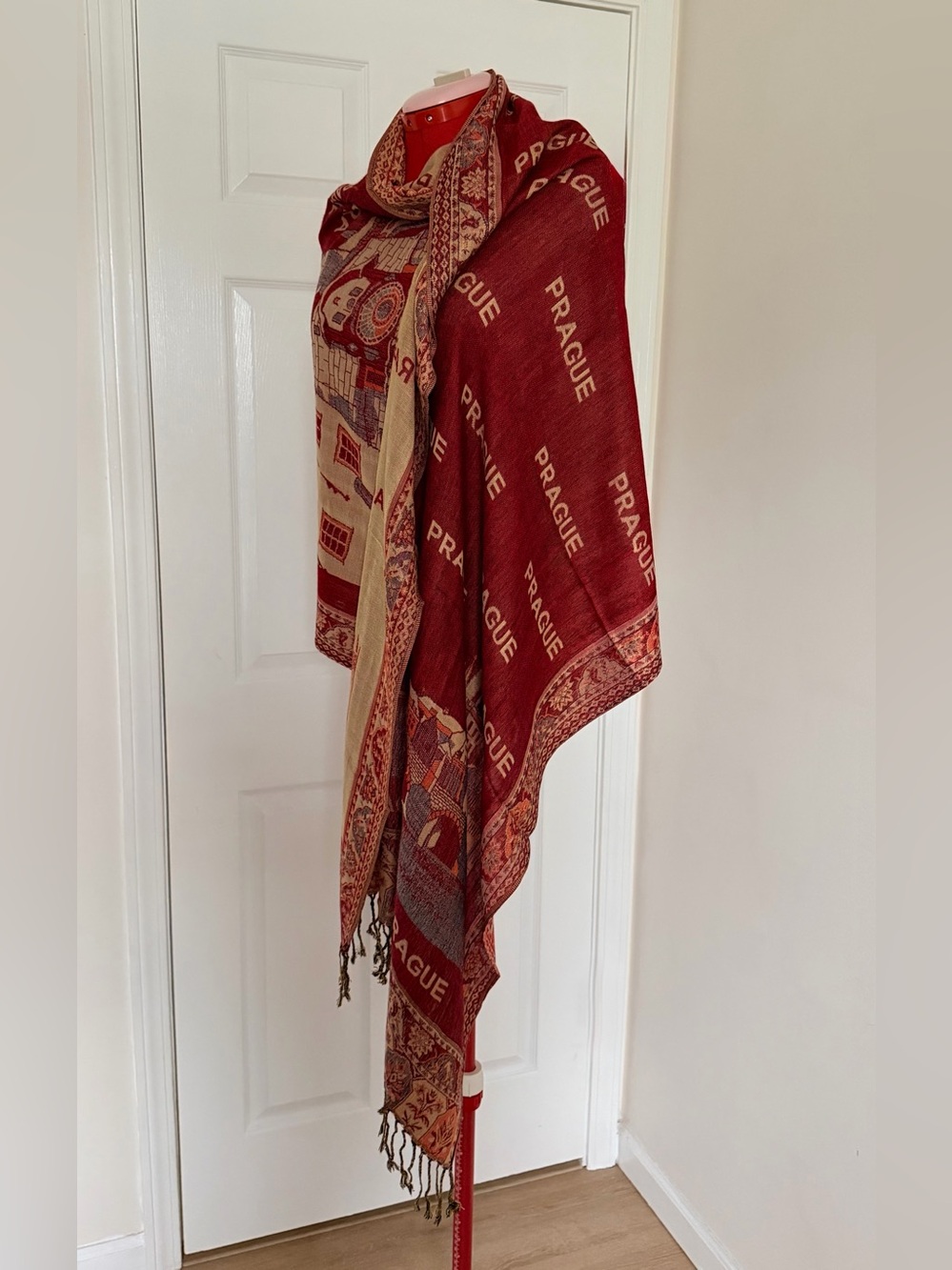 Vintage Cashmere Silk Blend Pashmina Scarf Prague Print Wrap 26x72 Large - Picture 2 of 8
